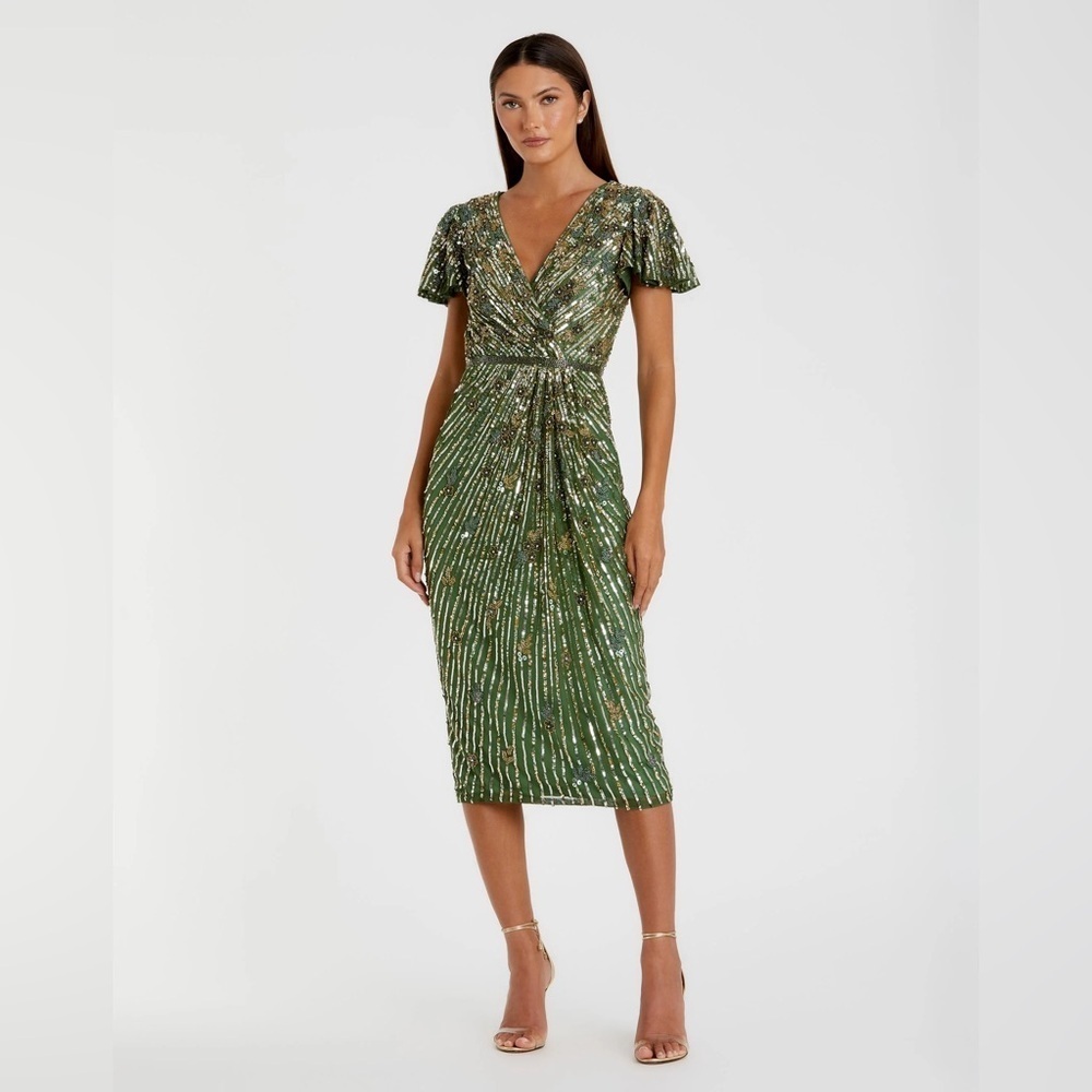 *Flawed MAC DUGGAL 5582 NWT Green Embellished Faux Wrap Flutter Sleeve Dress